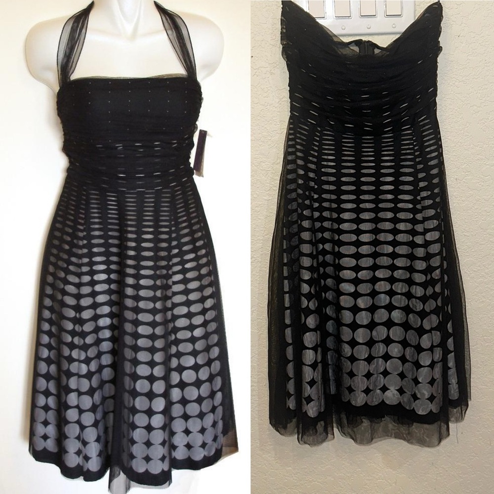 XOXO JRs 3 Black & White Polka Dot A-Line Cocktail 1950’s Retro Chiffon Dress - Picture 2 of 8